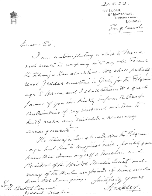 Lord Headley's letter, 23 May 1923